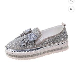 Sparkling Silver Slip-On Shoes with Bow